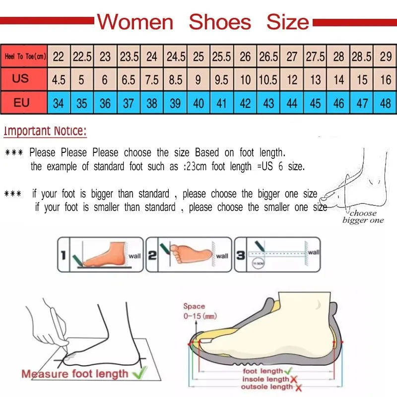 Shoe size chart for women with measurements in both US and EU standards, including important notice and measurement instructions.