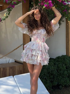 Chiffon Floral Print Layered Women Mini Dress