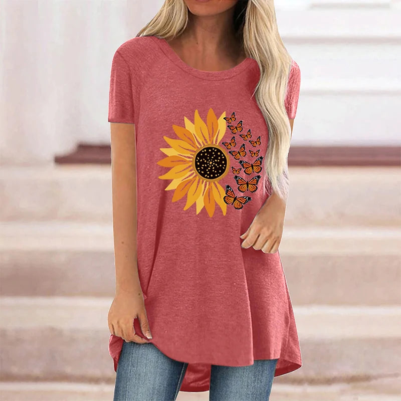 Summer Sunflower Floral 3D Print Long T-Shirt