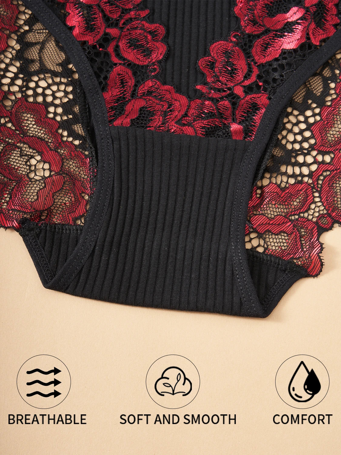 Women's 3PCS Contrast Lace Striped Cotton Briefs.