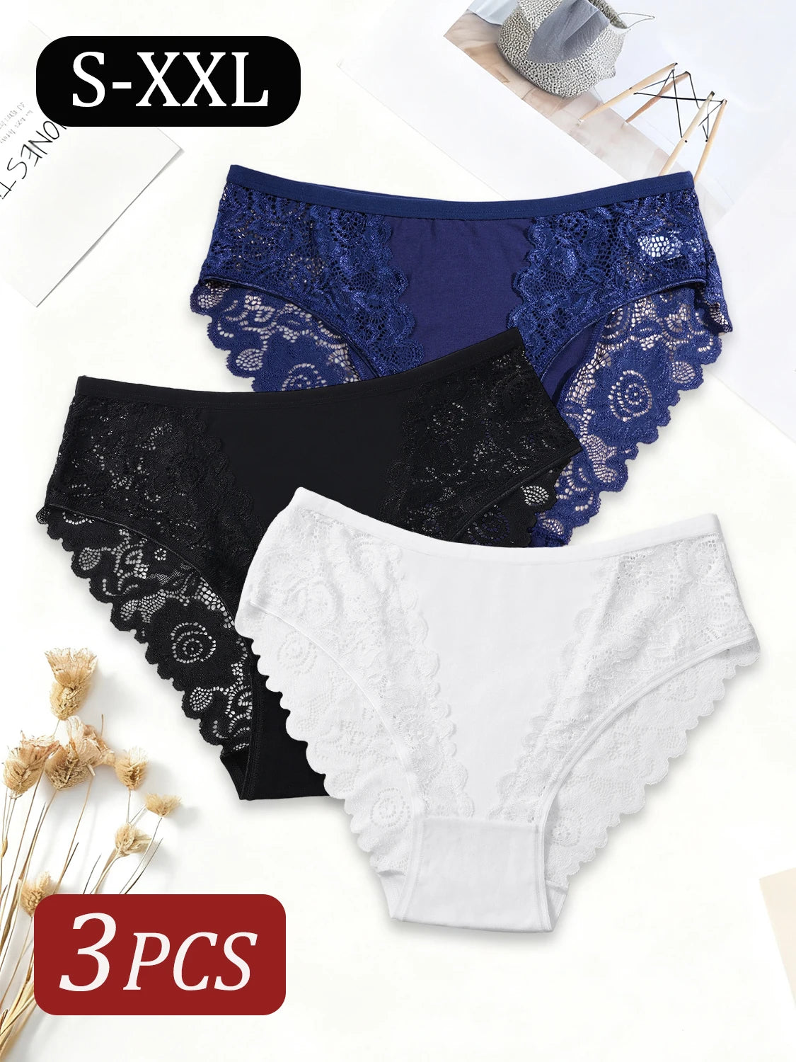 Women's 3PCS Elegant Lace Cotton Panties.