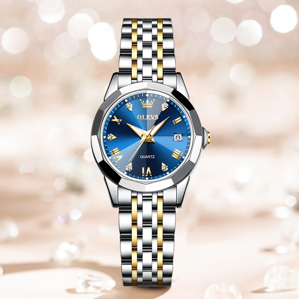 OLEVS Top Brand Women's Watches Elegant Rhombus Mirror Original Quartz Ladies Wristwatch Stainless Steel Waterproof Luminous New