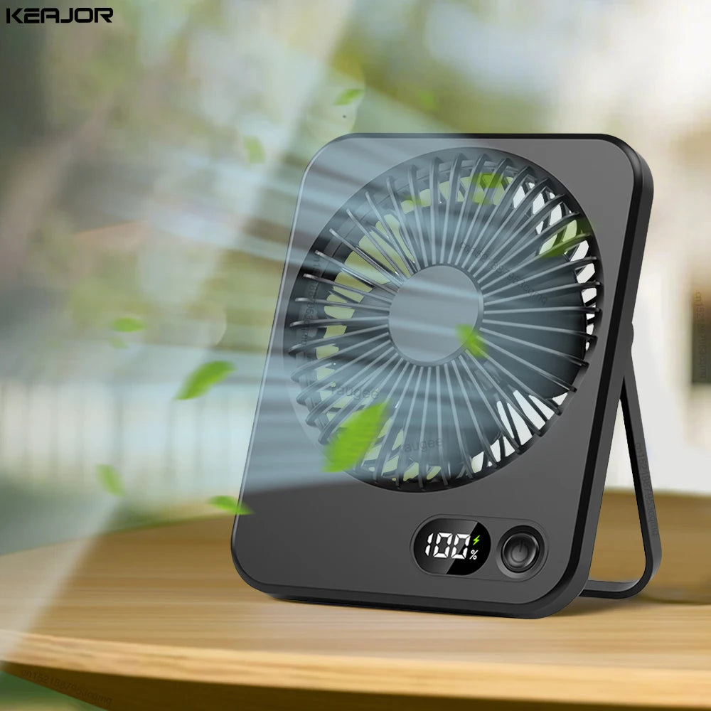 Portable fan with digital display on a wooden surface, KEAJOR brand visible