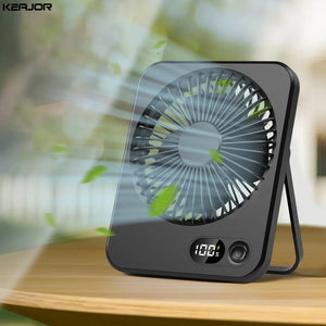 Portable fan with digital display on a wooden surface, KEAJOR brand visible