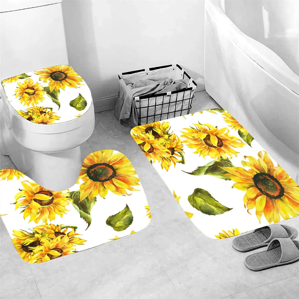 1 Set Of Yellow Sunflower Flower Oil Painting Printed Shower Curtains, Summer Style, With 12 Hooks And Bathroom Floor Mats