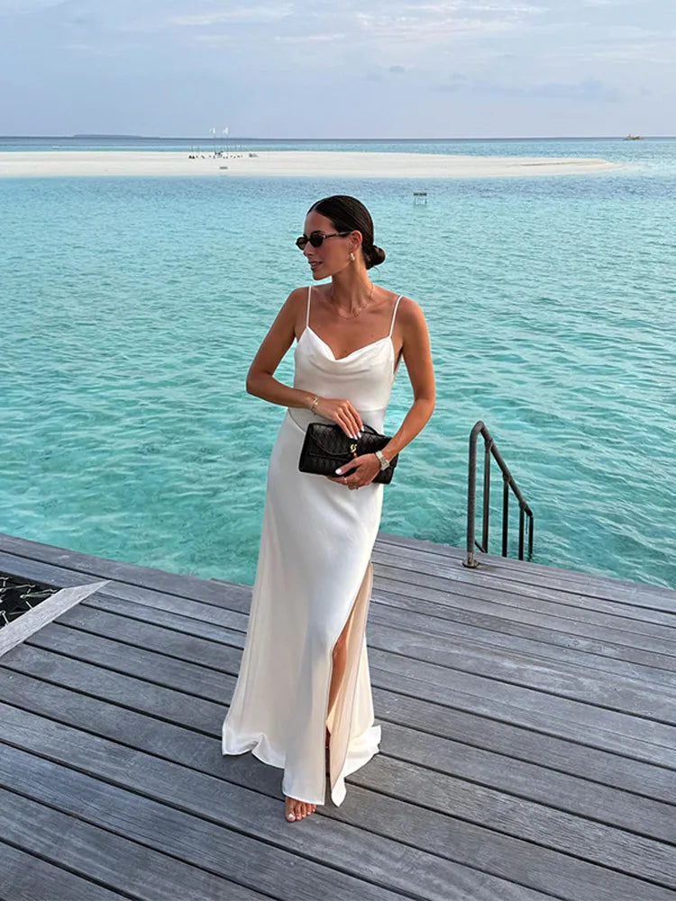 Women's Luxury White Satin Backless Veatido Dress