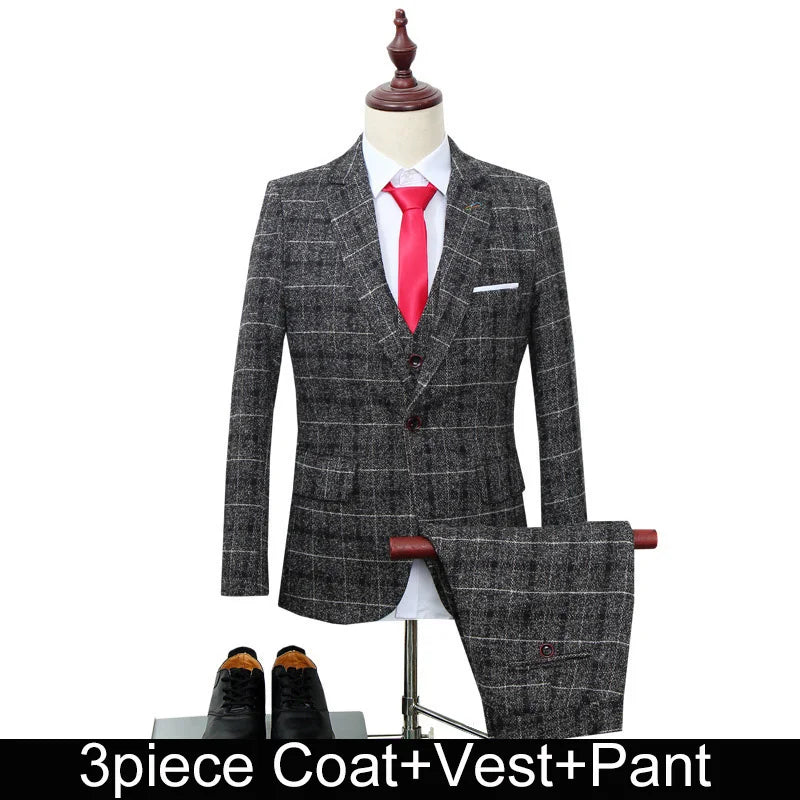 British Style Retro Plaid Single-breasted Long Sleeve Men Three-piece Suits