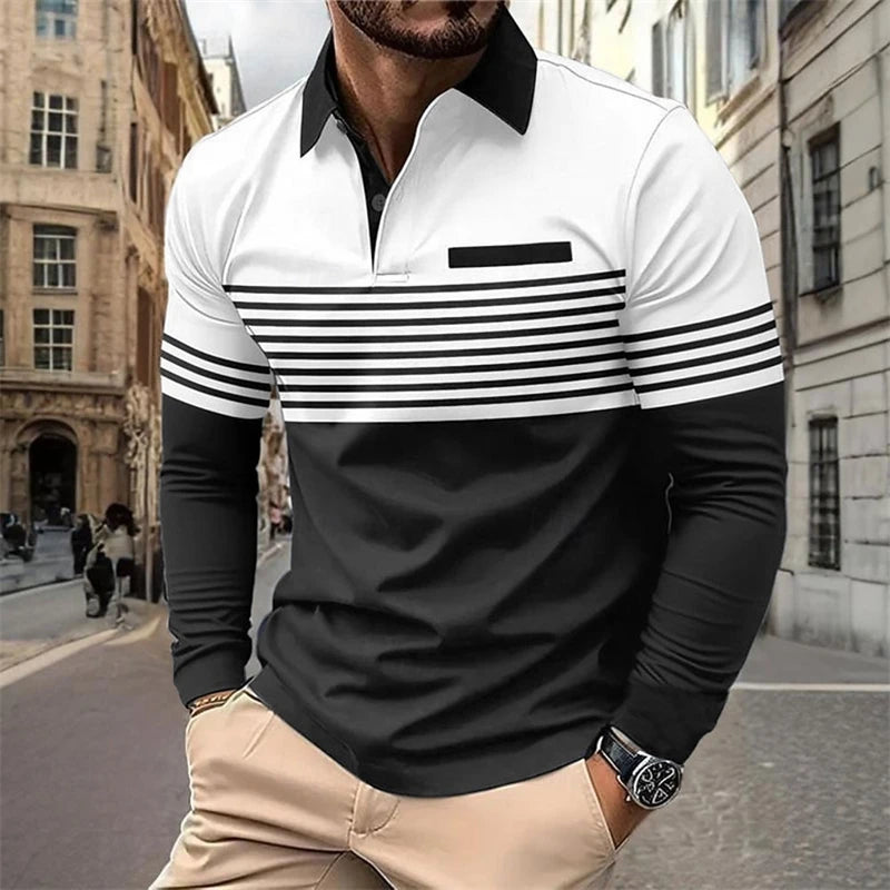 Men's Horizontal Stripes Graphic Athleisure Polo Long Sleeve Shirt