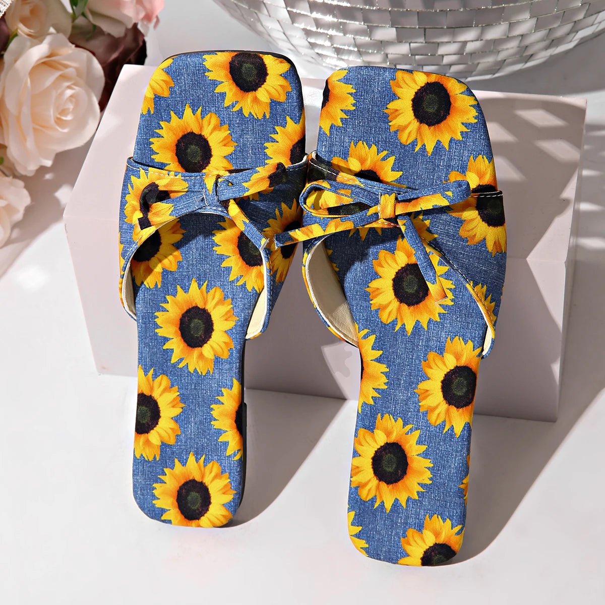 Woman Sunflower Bowknot Design Mule Slip-on Flat Shoes