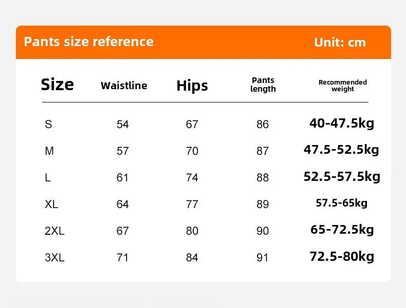 Pants size reference chart with measurements and weight recommendations.