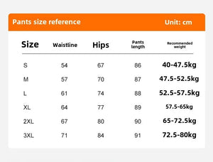 Pants size reference chart with measurements and weight recommendations.