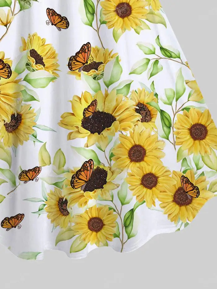 Sunflower Leaf Butterfly Print Flare Tank Dress