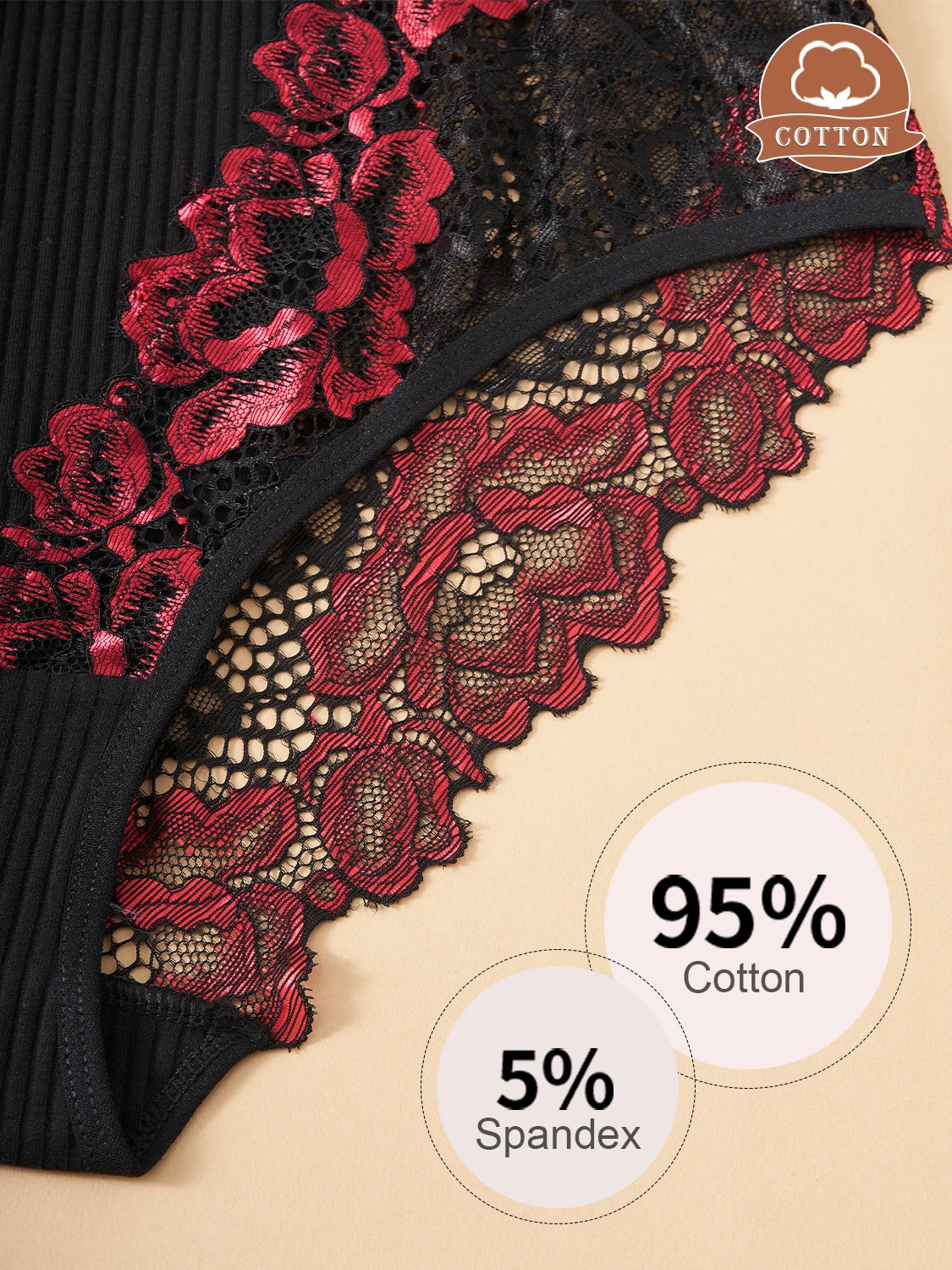 Women's 3PCS Contrast Lace Striped Cotton Briefs.