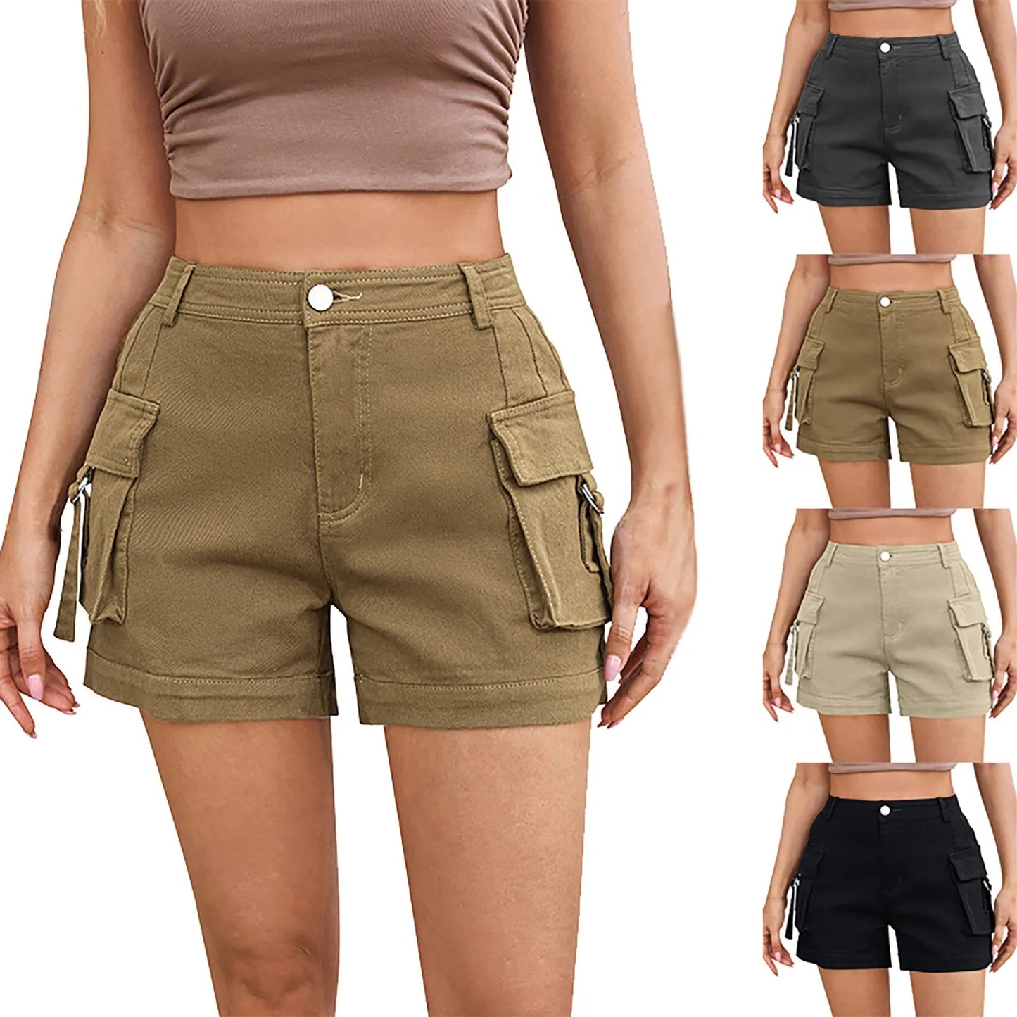 Cargo Knee Length Elastic Waist Shorts For Women.