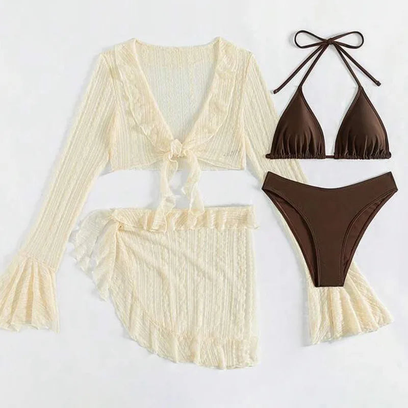 Women's 4 Piece Bikini Swimwear With Trim Cover Up Swimsuit Set