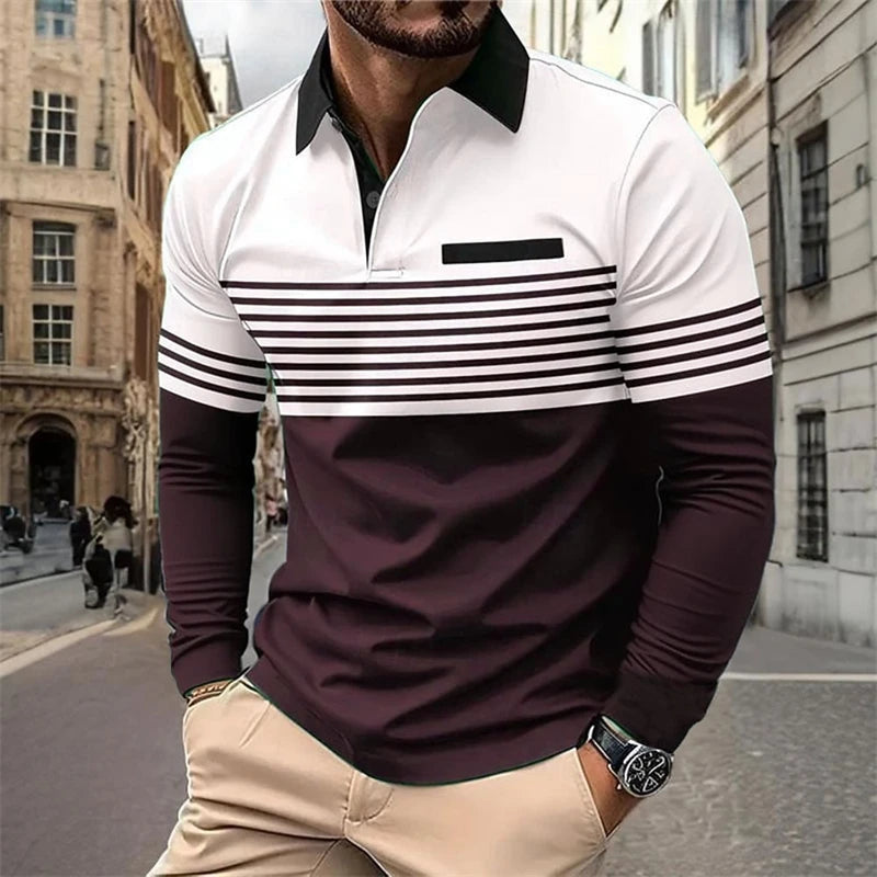 Men's Horizontal Stripes Graphic Athleisure Polo Long Sleeve Shirt