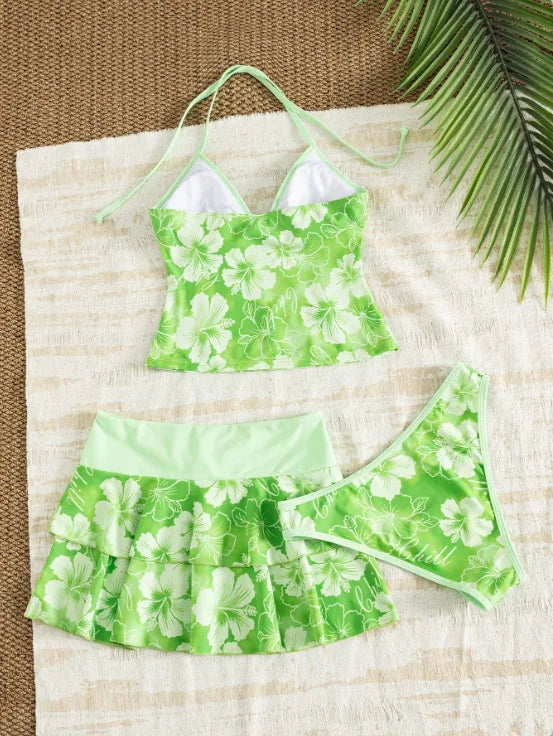 Women Floral 3 Piece Swimwear Tankini Set