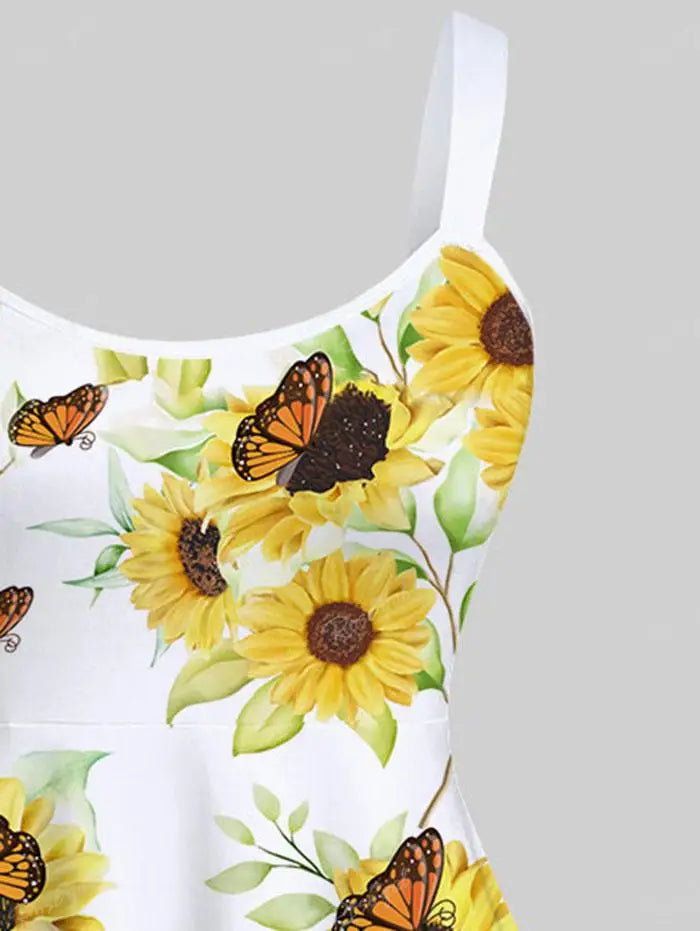 Sunflower Leaf Butterfly Print Flare Tank Dress