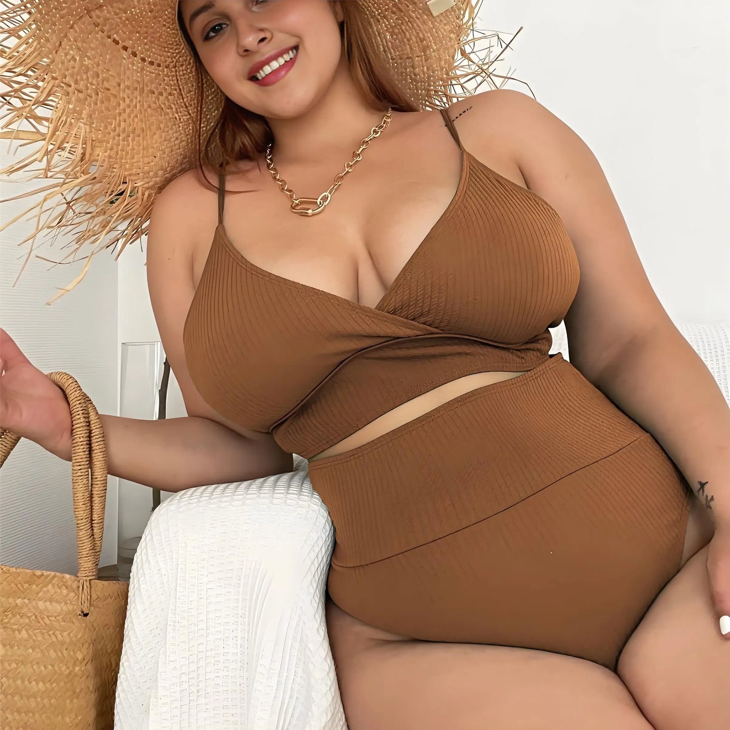 Plus Size Women's High Waist Bikini Swimwear Set Tummy Control