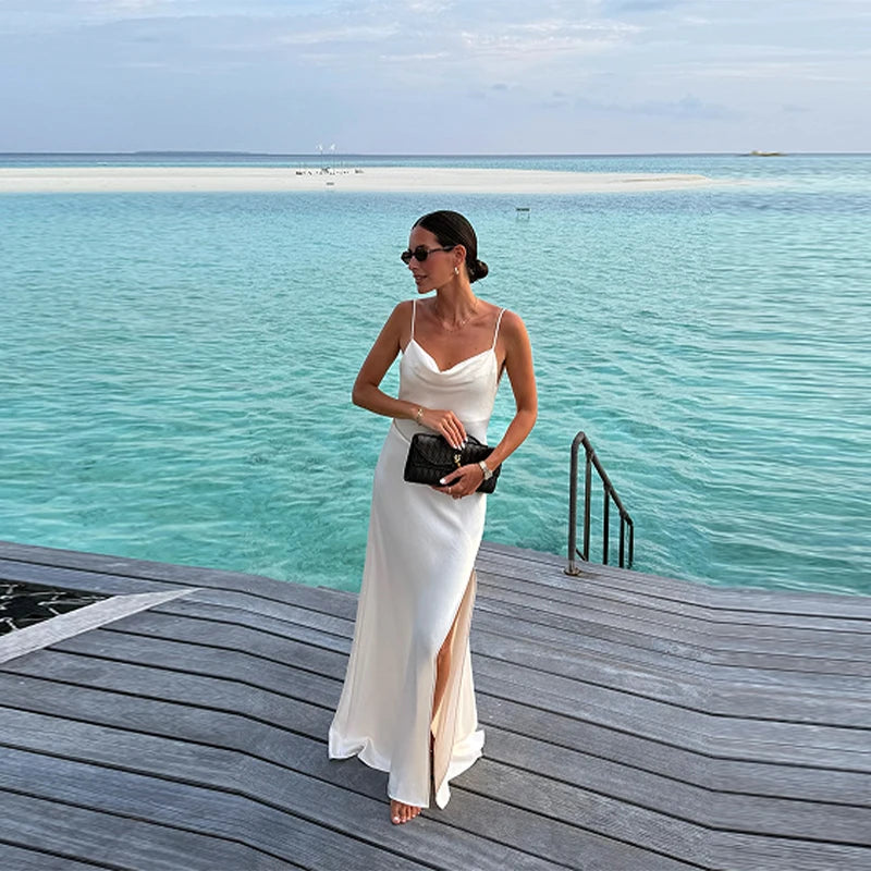 Women's Luxury White Satin Backless Veatido Dress