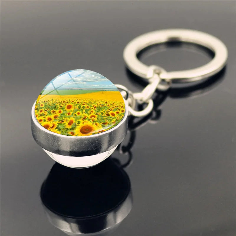 Sunflower Pattern Double Sided Glass Ball Keychain Pendant.