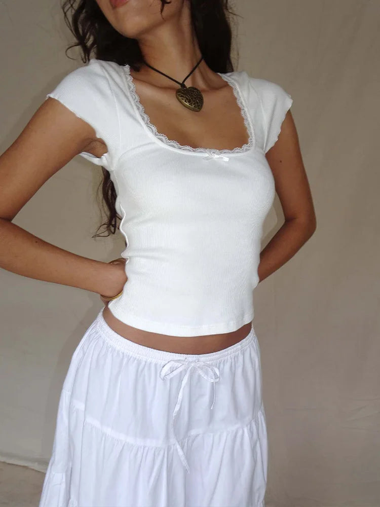 Women's Vintage Lace Trim Crop Top