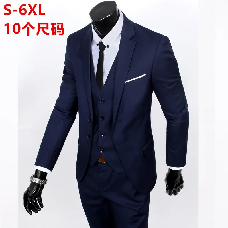 Navy blue suit on a mannequin with text indicating size range and number of sizes available.