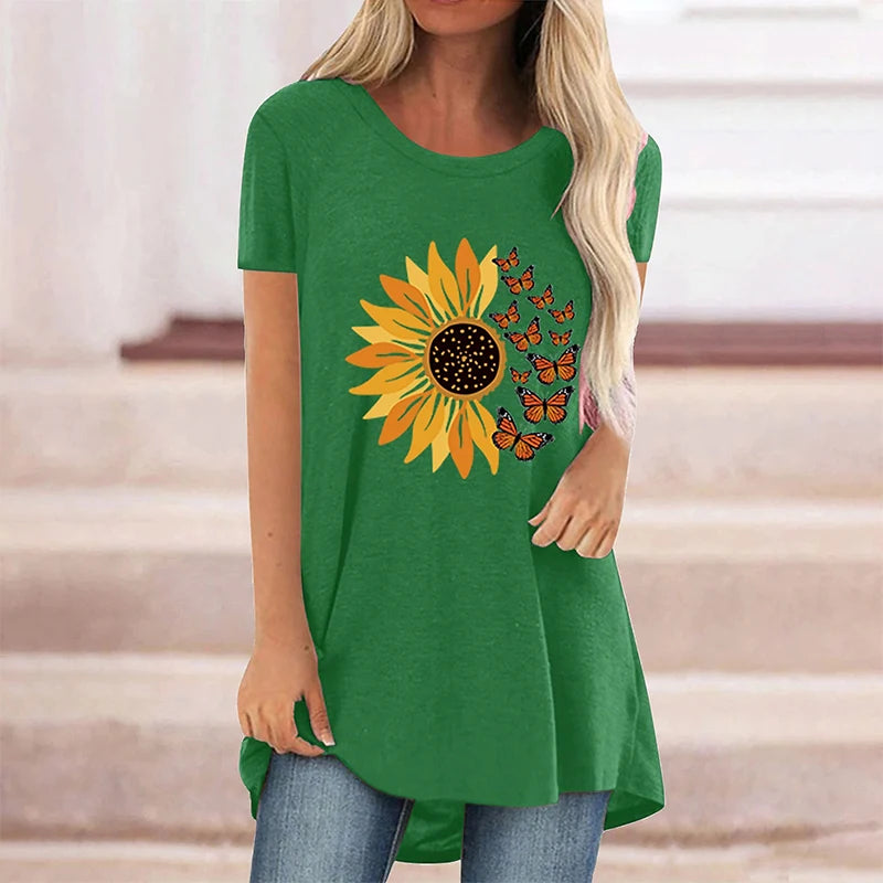 Summer Sunflower Floral 3D Print Long T-Shirt
