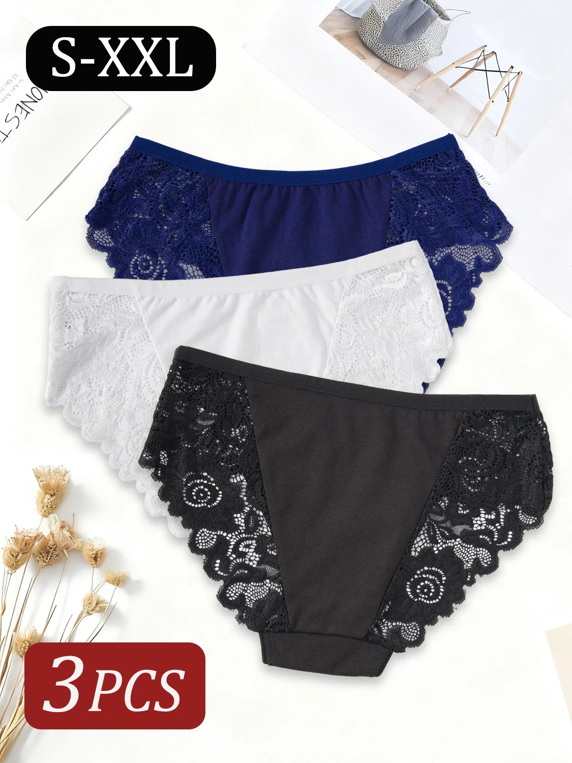 Women's 3PCS Elegant Lace Cotton Panties.