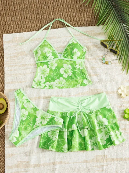 Women Floral 3 Piece Swimwear Tankini Set