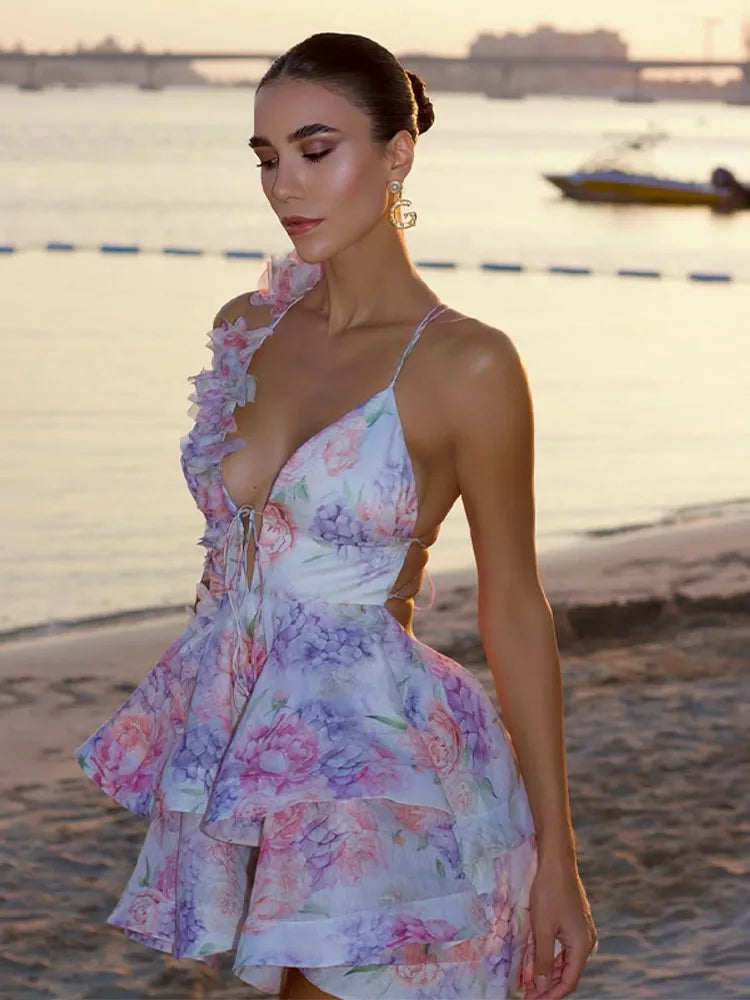 Chiffon Floral Print Layered Women Mini Dress