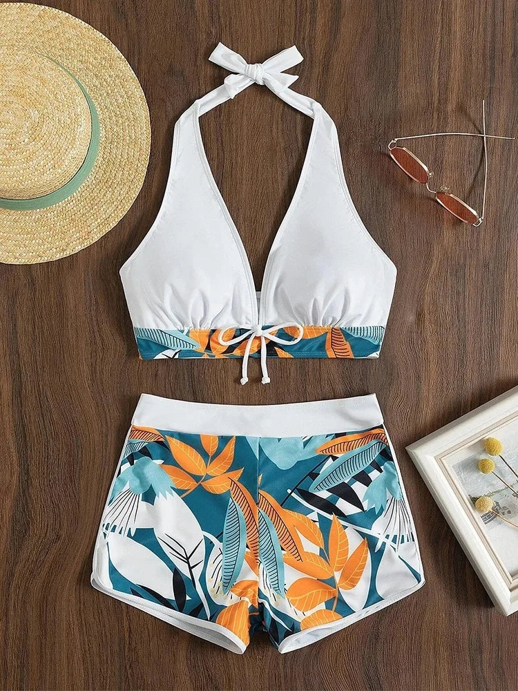 Women Halter Bikini Swimwear Set Short Bathing Suit Beachwear
