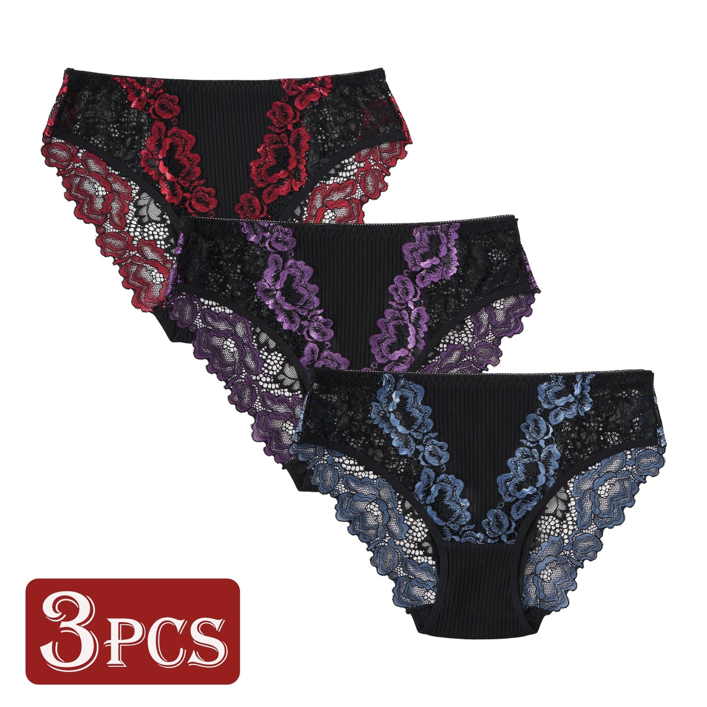 Women's 3PCS Contrast Lace Striped Cotton Briefs.