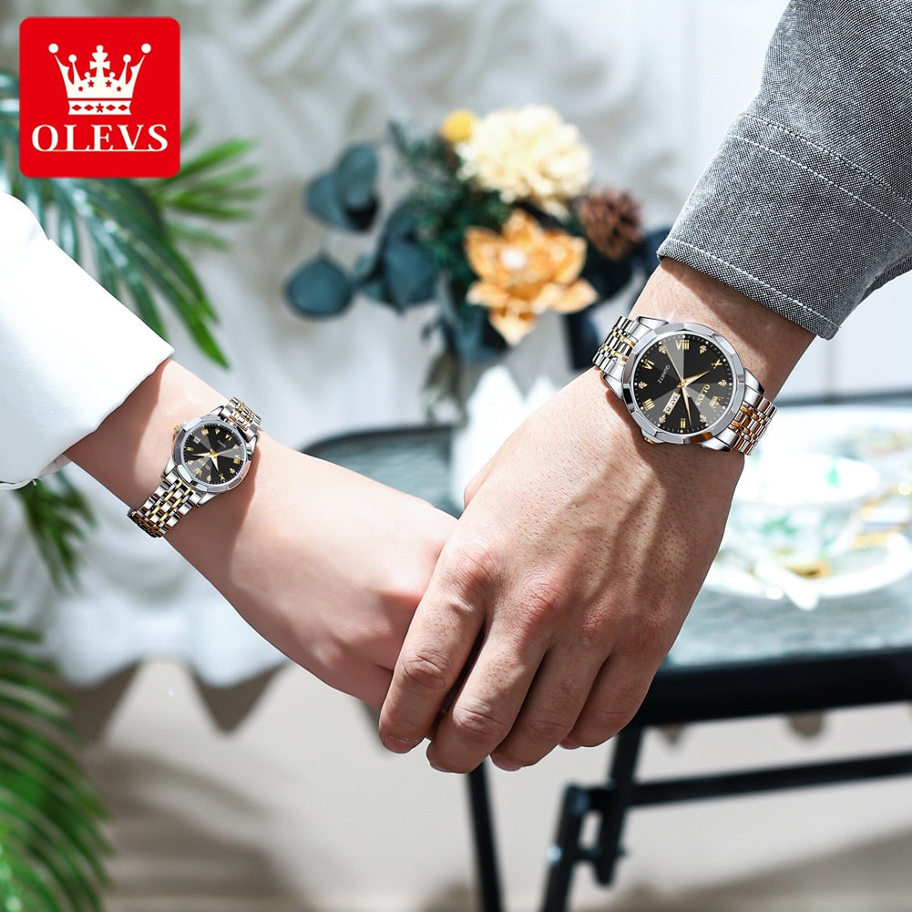 OLEVS Couple Watches Rhombus Mirror Luxury Original Quartz Men and Women Wristwatch Waterproof Luminous Date Week His and Her