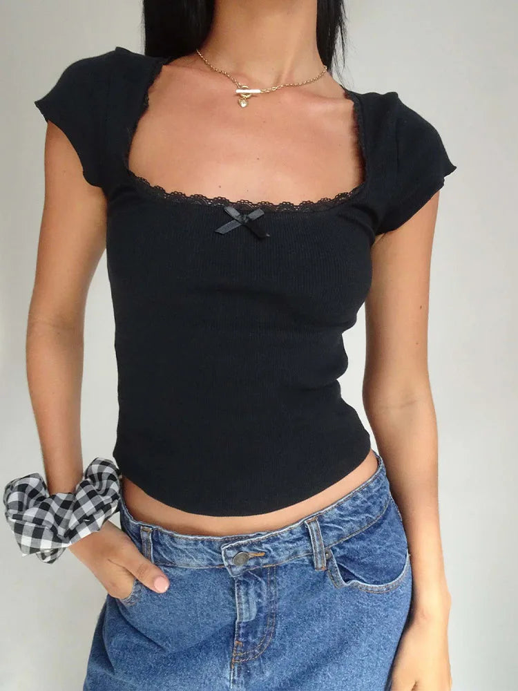 Women's Vintage Lace Trim Crop Top