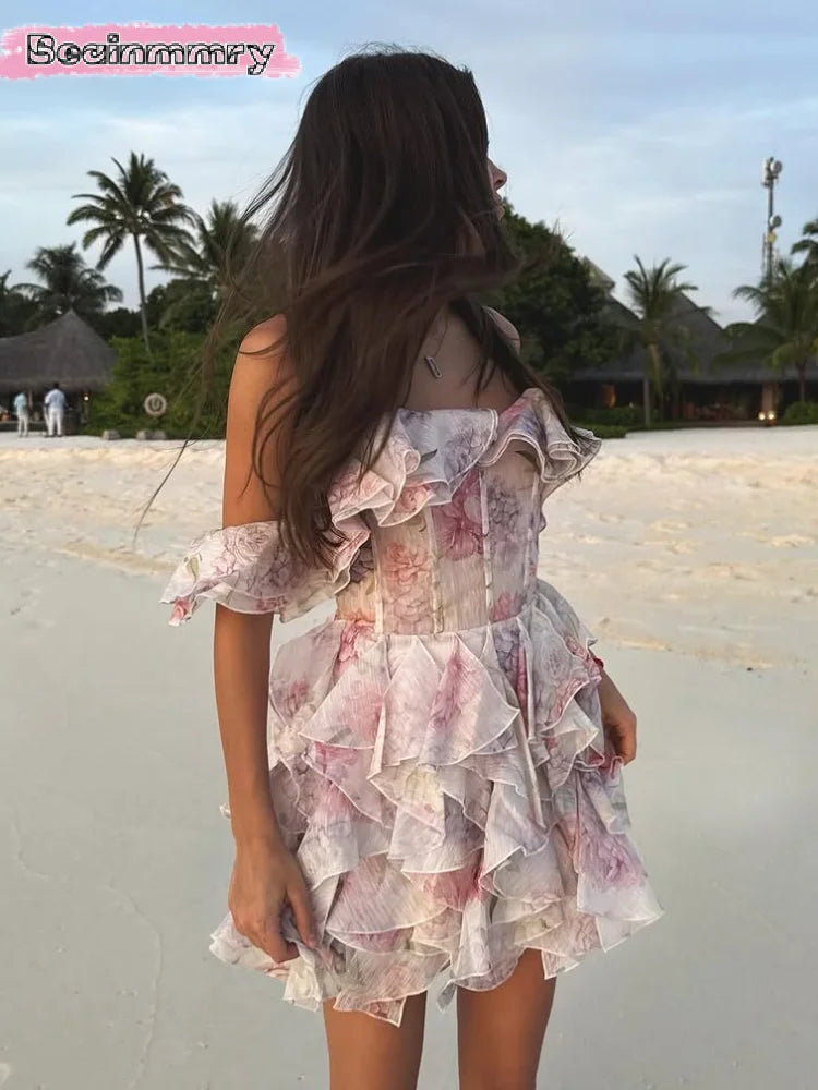 Chiffon Floral Print Layered Women Mini Dress