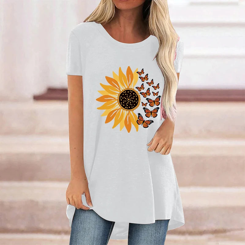 Summer Sunflower Floral 3D Print Long T-Shirt