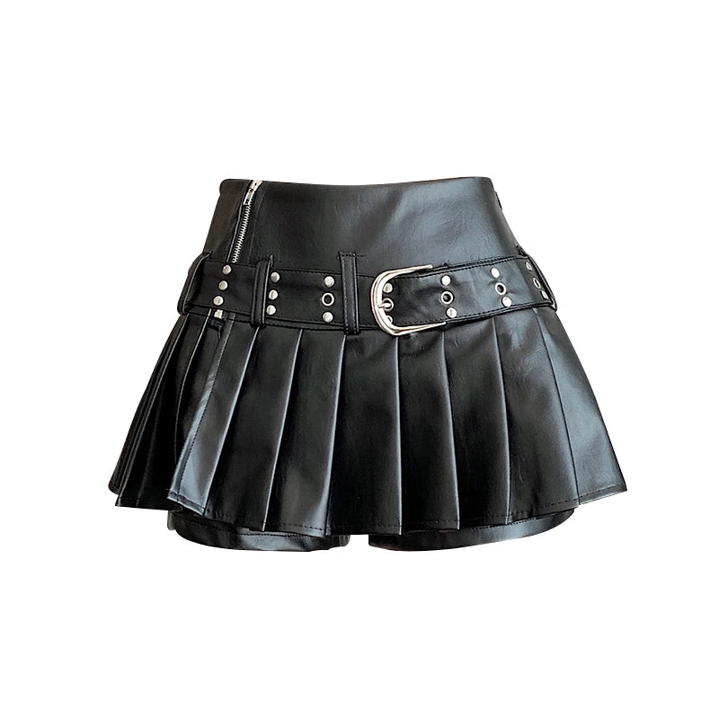 Black pleated leather skirt with silver buckle and zippers on a white background