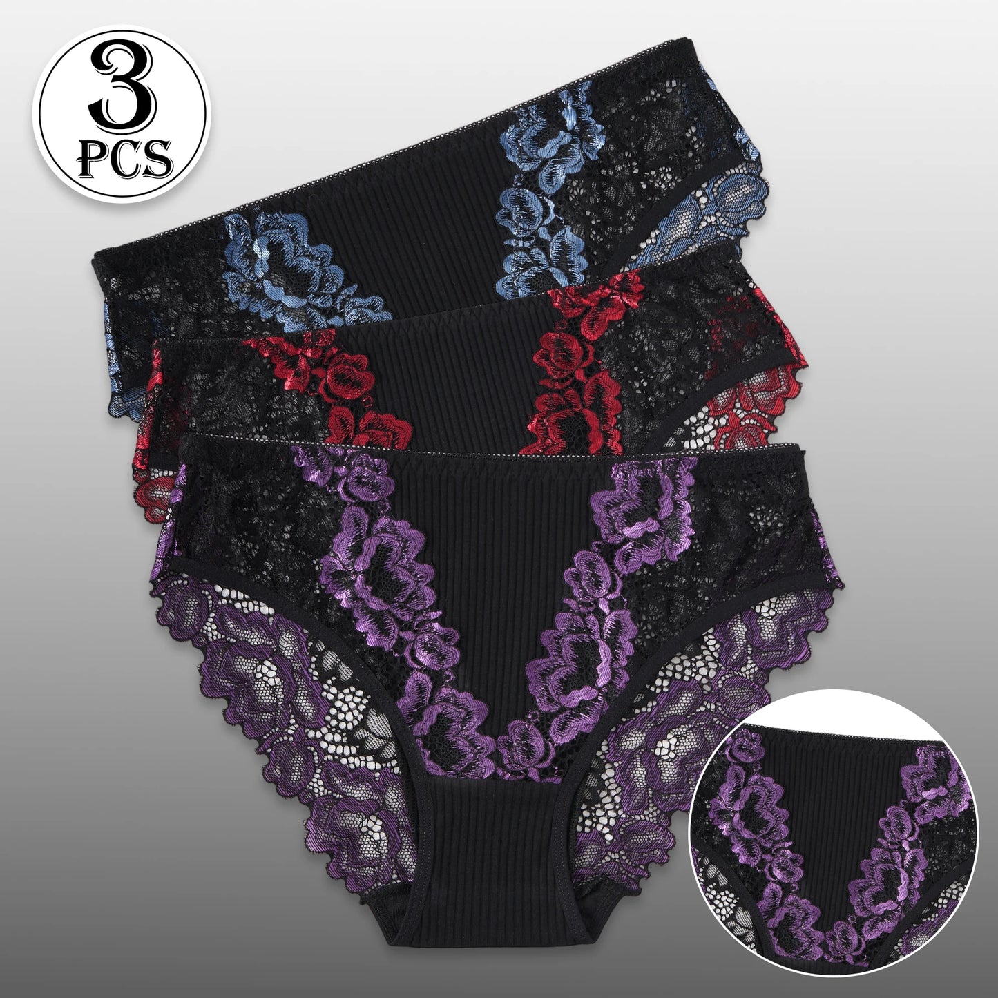 Women's 3PCS Contrast Lace Striped Cotton Briefs.