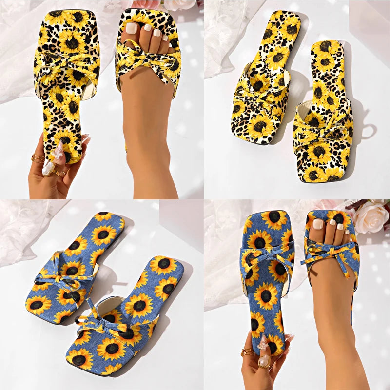 Woman Sunflower Bowknot Design Mule Slip-on Flat Shoes