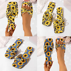 Woman Sunflower Bowknot Design Mule Slip-on Flat Shoes