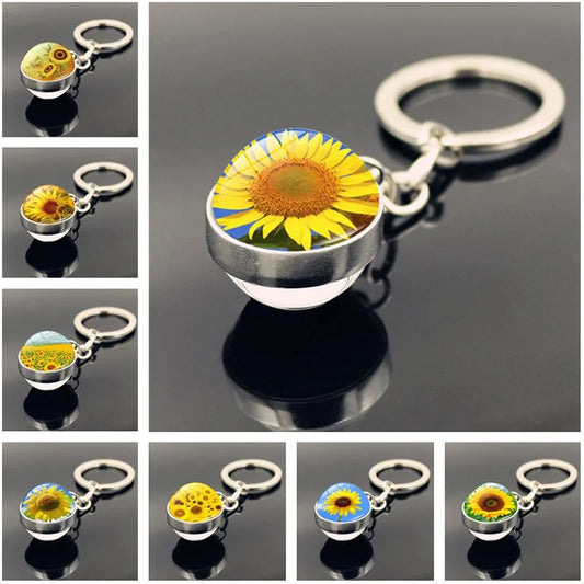 Sunflower Pattern Double Sided Glass Ball Keychain Pendant.
