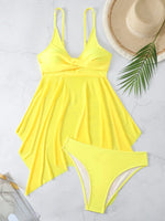Load image into Gallery viewer, Yellow swimsuit with matching bottom, straw hat, and palm leaf on a light gray background
