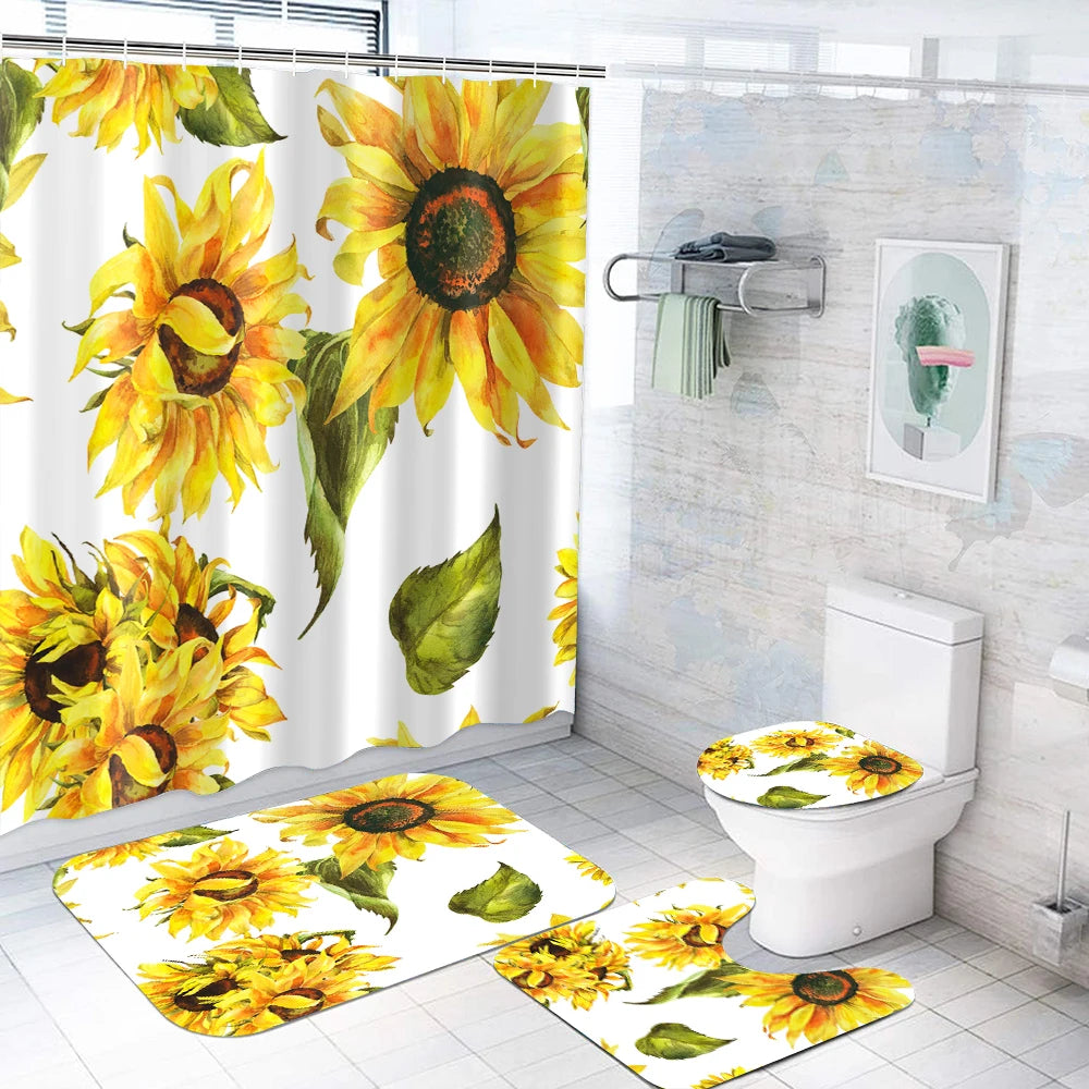 1 Set Of Yellow Sunflower Flower Oil Painting Printed Shower Curtains, Summer Style, With 12 Hooks And Bathroom Floor Mats