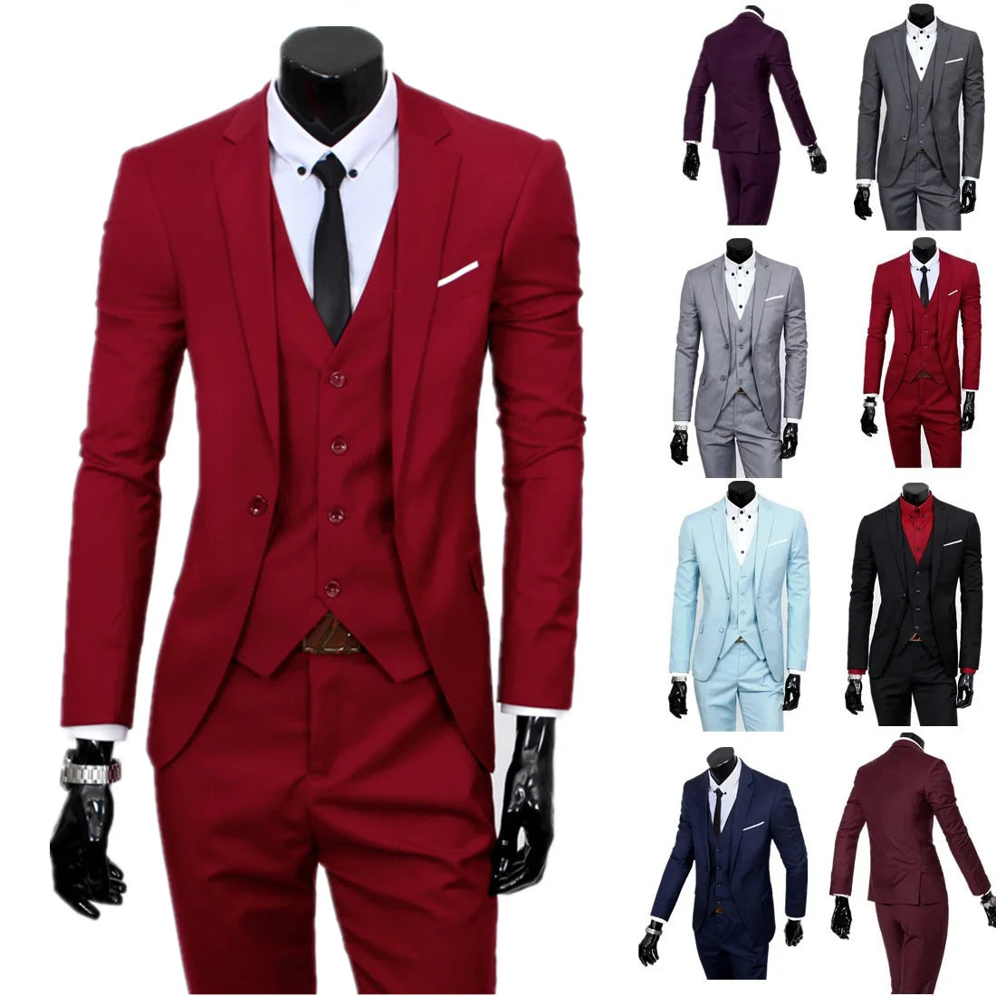 Collection of men's suits in various colors on a white background