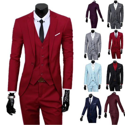 Collection of men's suits in various colors on a white background