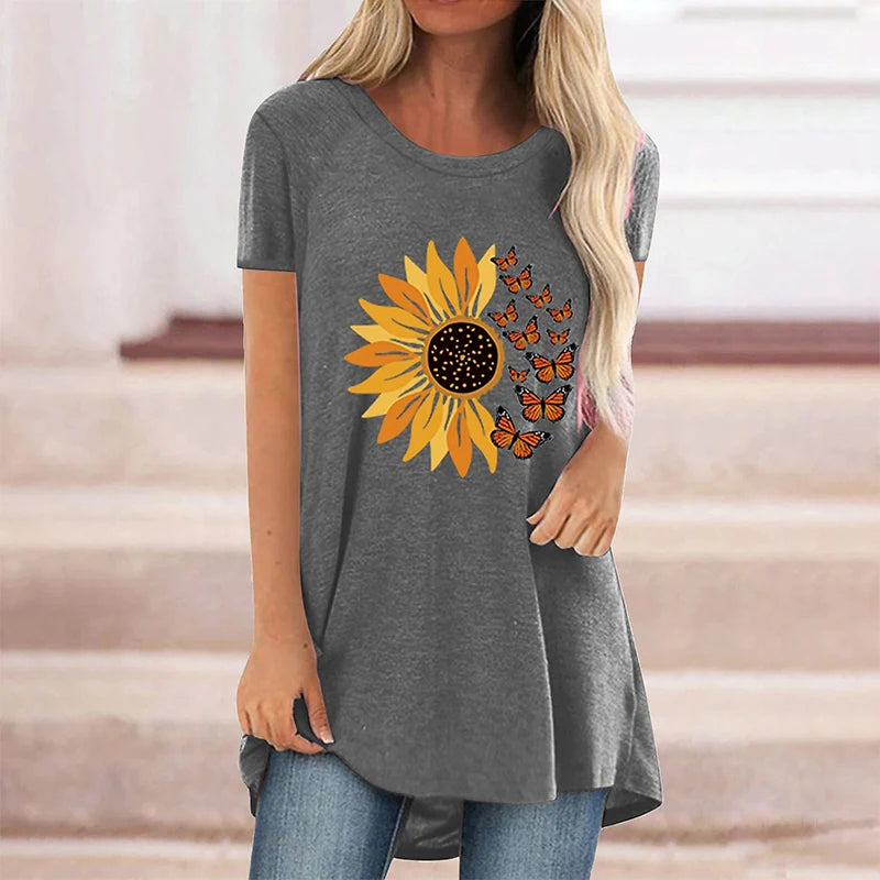 Summer Sunflower Floral 3D Print Long T-Shirt