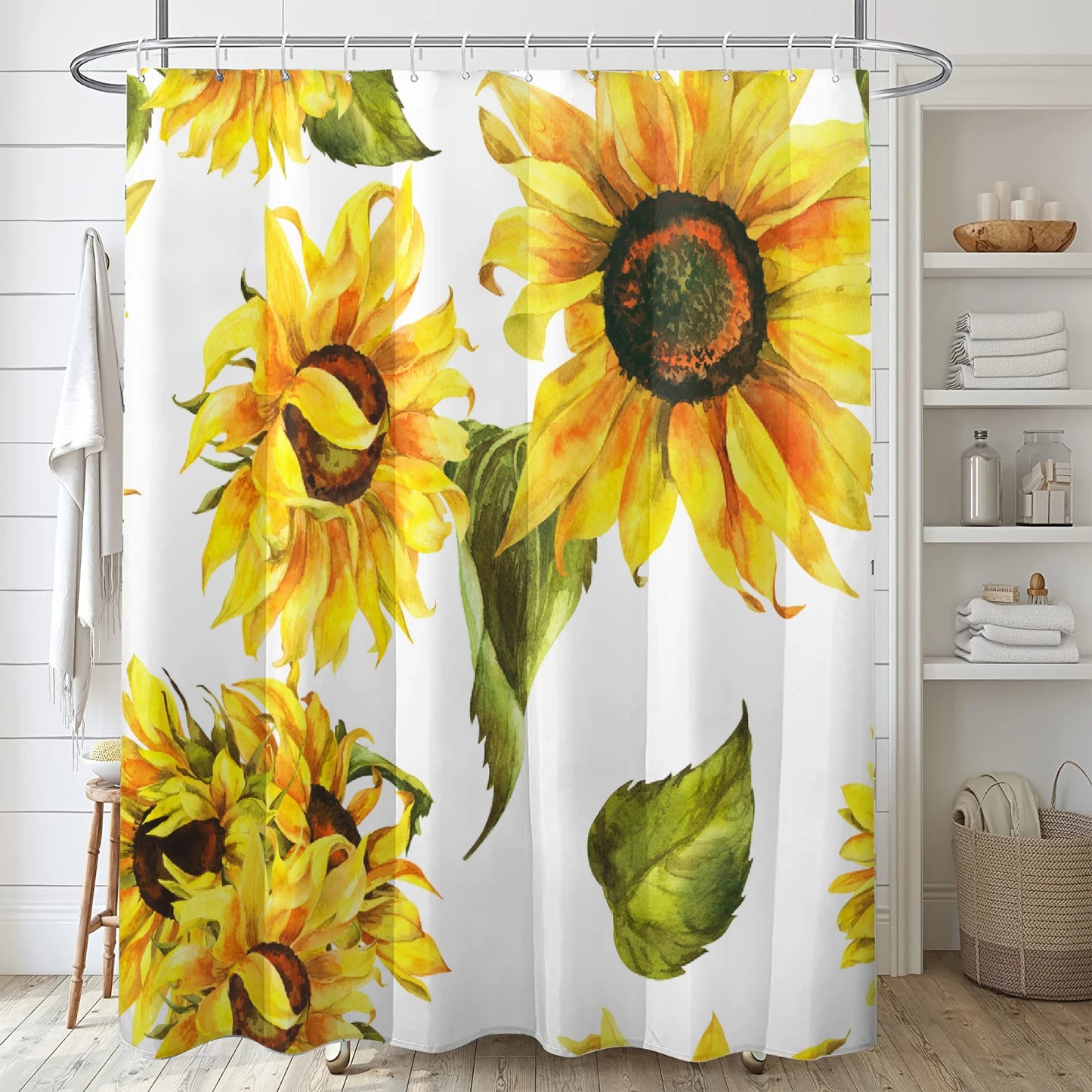1 Set Of Yellow Sunflower Flower Oil Painting Printed Shower Curtains, Summer Style, With 12 Hooks And Bathroom Floor Mats