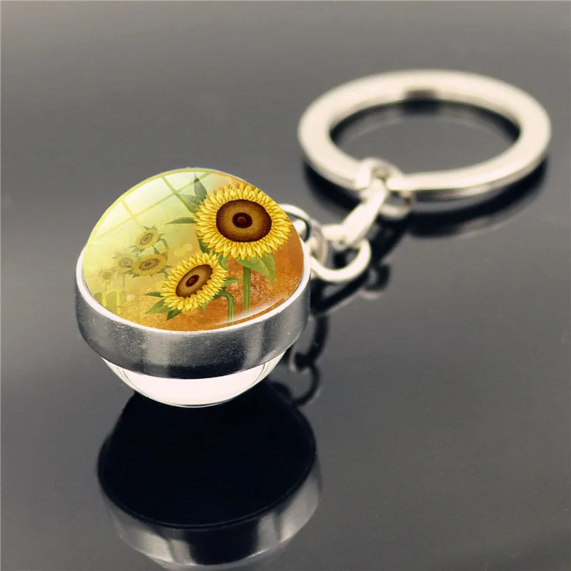 Sunflower Pattern Double Sided Glass Ball Keychain Pendant.