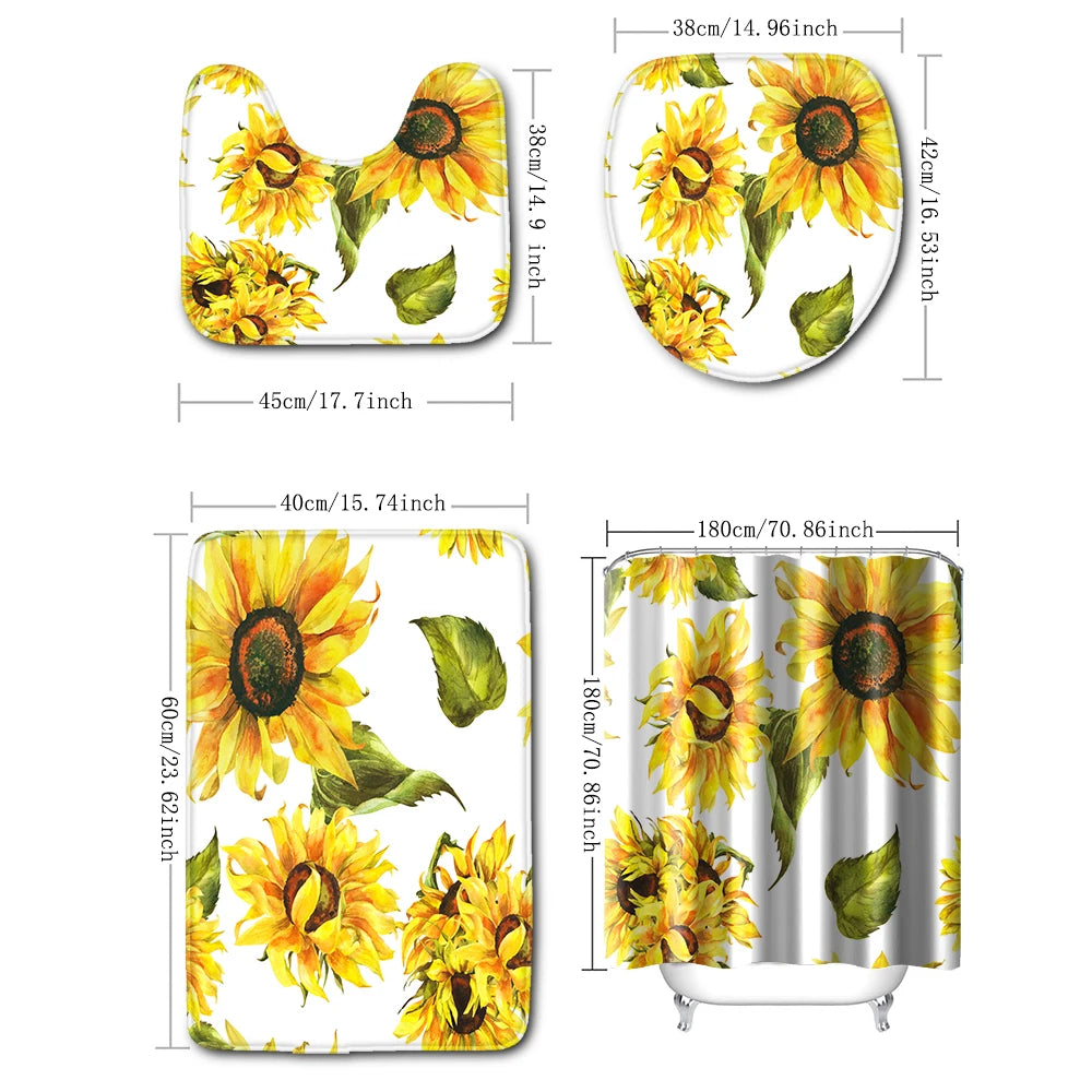 1 Set Of Yellow Sunflower Flower Oil Painting Printed Shower Curtains, Summer Style, With 12 Hooks And Bathroom Floor Mats